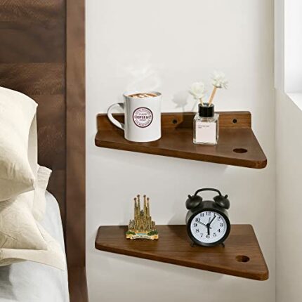 SUMGAR Floating Bedside Table Small Nightstand Set of 2 Shelf Wall Mounted Dark Solid Wood Shelves Walnut Modern Slim Thin Storage Display Furnit