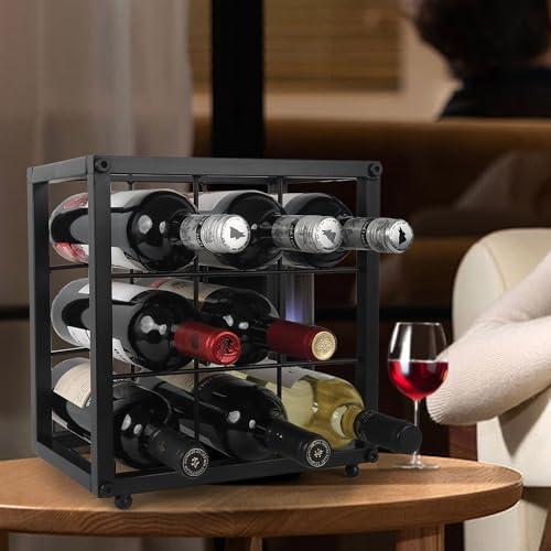 OFILLES Black 9 Bottles Metal Wine Racks, Tabletop Freestanding Wine Bottle Holder, Countertop Wine Rack for Wine Bottle Storage, Pantry, Kitchen