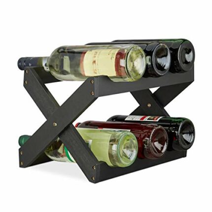 Relaxdays Bamboo Wine Rack, X Shape, 6 Bottles, Country House Style, Small, Folding Bottle Holder, HWD 22 x 36 x 20 cm, Black