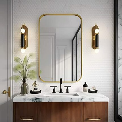 Beauty4U Round Edge Bathroom Mirror, 24"x36" Rectangular Bathroom Mirror for Wall, Gold Wall Mounted Bathroom Vanity Mirror for Living Room, Bedr