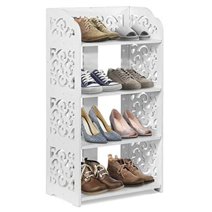 Greensen Shoe Rack White Small Shoe Storage 4 Tier Small Bookcases for Small Spaces Slim Shoe Storage Cabinet Bookshelf Storage Shelf Shoe Cupboa