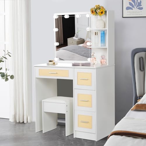 Caulitar Vanity Desk with Mirror and Lights, White Makeup Vanity Set with 4 Drawers and Chair, Girls Vanity Table for Bedroom