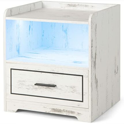 CASART Smart Bedside Table, High Gloss LED Nightstand End Tables with USB Charging Station, Adjustable Luminance & Colors, Inductive Function, Na