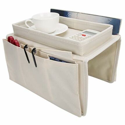 Sofa Armrest Organizer Caddy, 4 Pockets Couch Armchair Caddy TV Remote Control Holder Armchair Couch Bag with Cup Holder Tray for Snacks Glasses