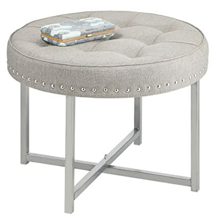 mDesign Pouffe Footstool — Small Round Stool with Padded Fabric Cushion — Ideal Footrest for Reading and Watching TV — Light Grey/Silver