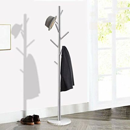 Jolitac Metal Coat Rack Stand Satin Steel Finish Stable Marble Base, High-Grade with Hooks Metal Tree Hat & Coat Hanger Floor Free Standing Wall