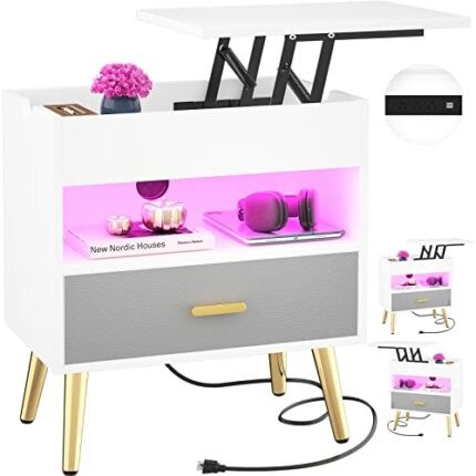 Cyclysio 35 Inches Nightstand with Reversible Lift Top, Large Night Stand with LED Lights, Tall Bedside Table with Charging Station, High End Sid