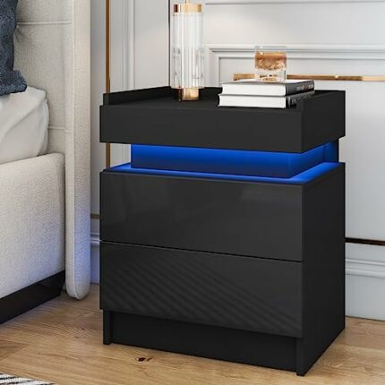 HOMMPA Nightstand, Engineered Wood, Black W/Side, 1 Pieces
