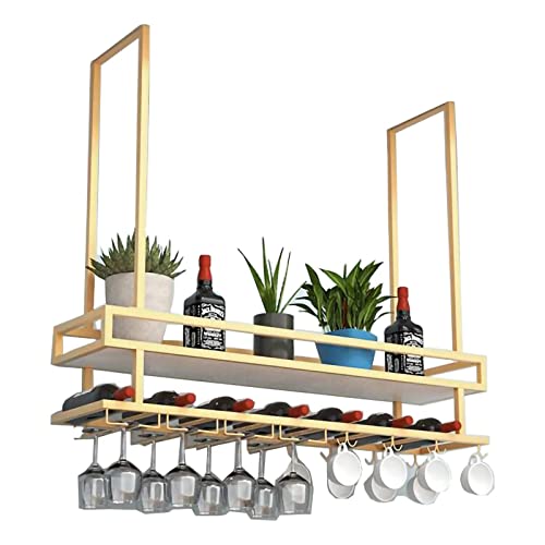 EYLINK Wine Glass Holder, Rustic Ceiling Mount Wine Rack, 2 Tier Hanging Industrial Wine Rack with Guard Rail, Wall Mounted Bottle Holder Glass R