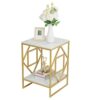 Square Side Table Marble Top: 2 Tier Geometric Rhombus Gold Frame End Tables 40 x 58cm Sintered Stone Bedsides with Sturdy Metal Legs Modern Whit