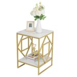 Square Side Table Marble Top: 2 Tier Geometric Rhombus Gold Frame End Tables 40 x 58cm Sintered Stone Bedsides with Sturdy Metal Legs Modern Whit