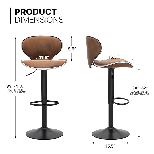 MoNiBloom Counter Height Swivel Bar Stools Set of 2, Coffee PU Leather Height-Adjustable Barstools with Footresr for Kitchen and Dining Room, Mod