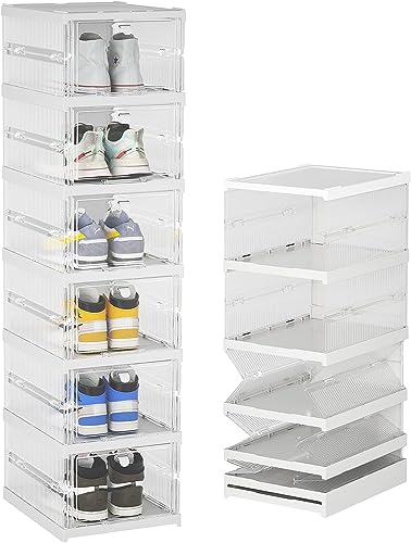 IIRARA Large Shoe Storage Box, Set of 6 Tier Clear Plastic Stackable Shoe Organizer for Closet, Drop Front Foldable Shoe Holder with Lid Plastic
