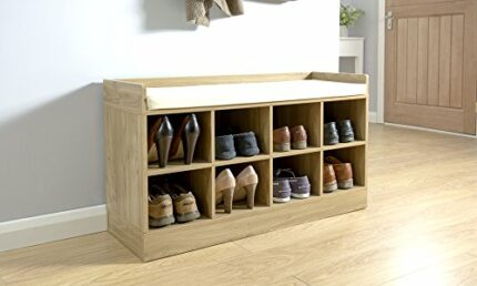 Home Source - Hallway Storage Unit Shoe Bench Cabinet 8 Compartment Padded Seat Oak Effect