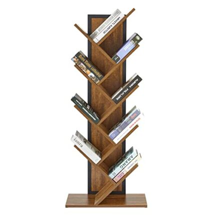 Meerveil Bookshelf, Tree Bookcase 9-Tier, with Wooden Shelves and Iron Frame, Free Standing Storage Shelving Units for Living Room, Home Office,