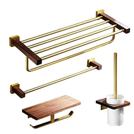 VERDDE Solid Wood Walnut Towel Rack Bathroom Towel Rack Bathroom Shelf Brushed Gold Bathroom Hanging Rod Wall Hanging Set