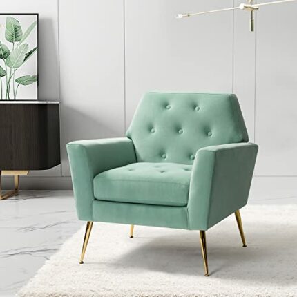 HULALA HOME Modern Velvet Accent Chair, Comfy Upholstered Armchair with Gold Legs, Button Tufted Sofa Chair for Living Room Bedroom, Sage Green