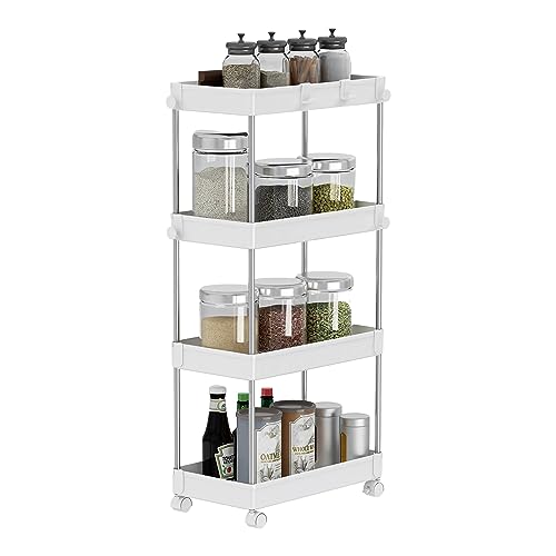 Meerveil Storage Trolley, 4-Tier Storage Rack with Wheels, Multifunctional Suitable for Office Kitchen Bathroom, W22 x D40 x H85cm, White