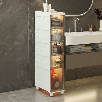 Slim Bathroom Cabinet Storage, Large Capacity Slim Toilet Paper Storage Cabinet with Clear Plastic Drawers Casters Narrow Tall Slim Floor Cabinet