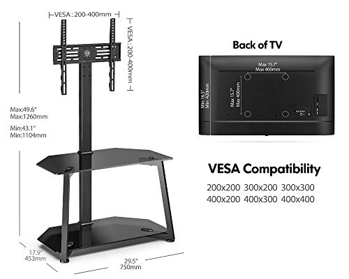 FITUEYES Corner TV Floor Stand for 32 to 55 Inch TVs Universal Cantilever TV Stand with Open Glass Media Storage Shelves Black Hold 40kgs