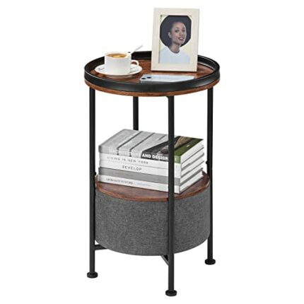 Industrial 2-Tier Round End Table, 15"D x 24"H Side Table with Full-Arrest Tray and Storage Basket, Home Office Coffee Snack Nightstand Bedside T