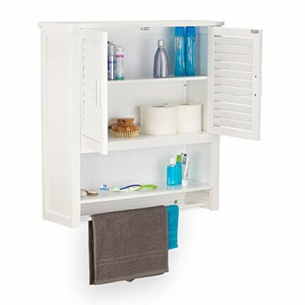 Relaxdays LAMELL Bamboo Wall Cabinet, Hanging Cupboard, Towel Rail, Bathroom Storage Shelves, HxWxD: 66 x 62 x 20 cm, White