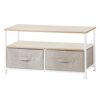 mDesign TV Unit with Organiser Boxes – Slim Television Stand with Shelf and 2 Fabric Boxes – Modern Living Room Furniture for TV, DVD Player and