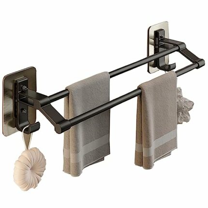 ANMEISH Self Adhesive Towel Rail 40cm,Anti Rust Aluminium Towel Rack with 2 Hooks,2 Tier Black Sticky Towel Holder,Double Wall Mounted Stick on T