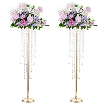 Sziqiqi 100cm Tall Table Centerpiece for Wedding with Crystal Beads - 2 Pcs Gold Wedding Table Decoration for Ceremony Flowers Arrangements Displ