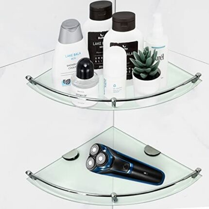 hagvot Bathroom Glass Corner Shelf, 2 Pack 24x24cm Wall Mounted Glass Shower Shelves, Sturdy Triangle Tempered Glass with SUS 304 Rustproof Menta
