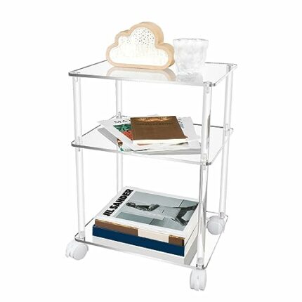 Cutora Clear Acrylic 3 Tiers End Table Rolling Side Bedside Table Nightstand with Wheels for Living Room Bedroom Office