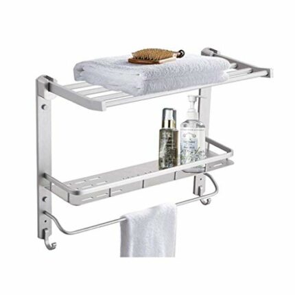RSOCHS Towel Rack with Shelf for Bathroom Foldable Shower Towel Holder Wall Mounted Stainless Steel Brushed