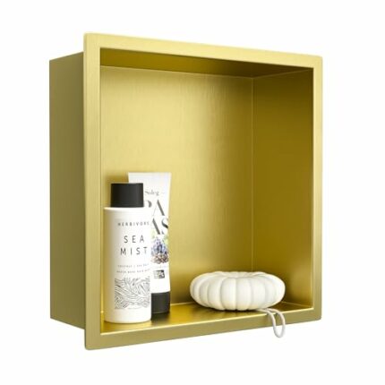 Bernkot Stainless Steel Shower Niche 12" X 12" Gold No Tile Needed Recessed Shower Shelf Wall Niche for Bathroom Storage