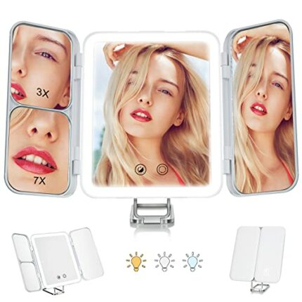 Nuoya LED Lighted Rechargeable Makeup Mirror,1X/3X/7X Magnification,Trifold Lighted Vanity Makeup Mirror with 64 LED Beads & Touch Screen Dimming