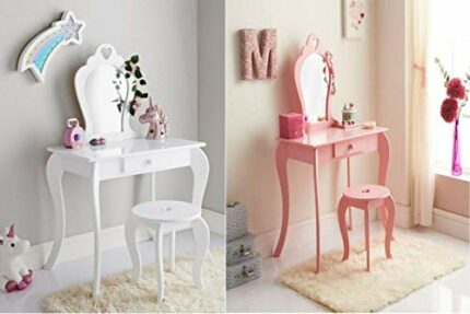 BPIL New Stunning Pink and White Amelia Vanity Set with Stool & Mirror Perfect For Kids Room (pink)