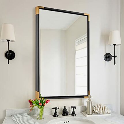 ANDY STAR 24x32” Strong Pine Wood Black Bathroom Mirrors for Wall, Rectangle Wall Mirror with Gold Metal Corner, Clean Modern Mirror for Bathroom