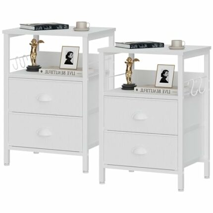 Furologee Nightstands Set 2, Bedside Table with 2 Fabric Drawers, End Table with 2 Hooks, Open Wood Shelf Side Sofa Table for Bedroom/Living Room