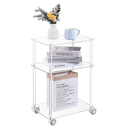 HMYHUM Acrylic Rolling Side Table for Small Spaces, Mobile End Table with Lockable Wheels, Nightstand/Bedside Table for Living Room, Bedroom, 3-T