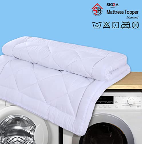 SIGMA HOME Mattress Topper Double Bed FLAME RETARDANT 10cm 4 inch Thick White Hotel Quality Super Soft Peach Finish Microfiber Fluffy Comfy Breat