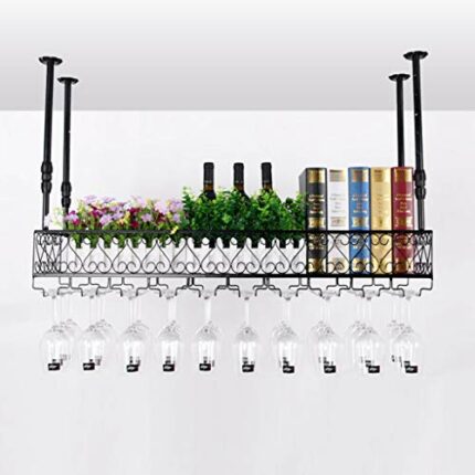 PIBM Hanging Wall Upside down Storage Rack Wine Wrought Iron Inverted High Cup Holder J1124, Black , 30*25cm
