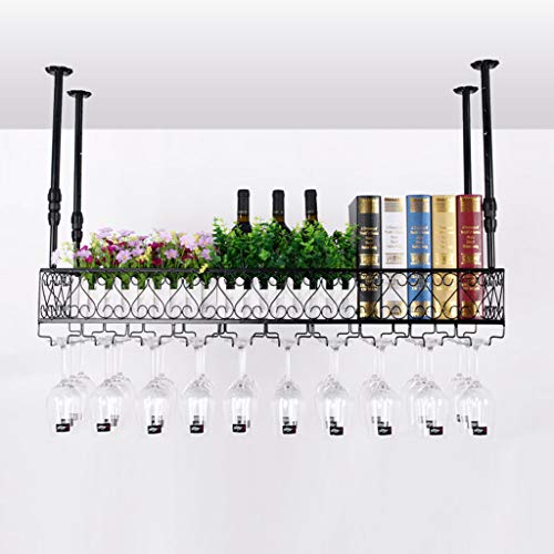 PIBM Hanging Wall Upside down Storage Rack Wine Wrought Iron Inverted High Cup Holder J1124, Black , 100*25cm