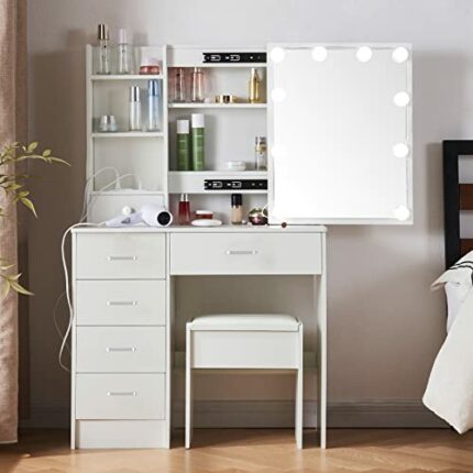 Dressing Vanity Desk with Mirror and Lights, Hollywood Girls Vanity Table Sliding Mirror with 5 Large Capacity Drawers and Cushion Stool for Bedr