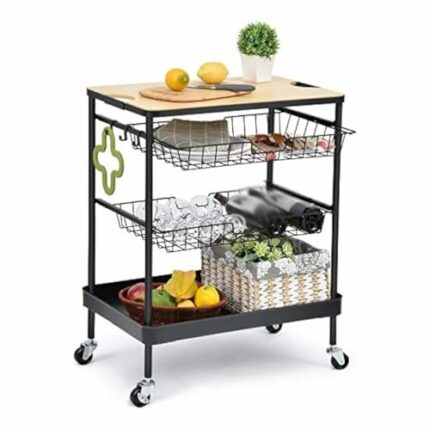 JJZXD Kitchen Island Serving Cart with Utility Wood Tabletop, 4-Tier Rolling Storage Cart with 2 Basket Drawers