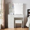 Dressing Vanity Desk with Mirror and Lights, Hollywood Girls Vanity Table Sliding Mirror with 5 Large Capacity Drawers and Cushion Stool for Bedr