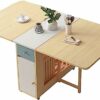 Shykey Folding Table, Kitchen Dinner Table, Rectangle Wood Drop Leaf Table with Storage Rack and 2 Drawers, for Small Space Dining Table for Kitc