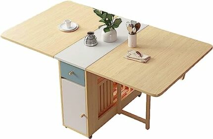 Shykey Folding Table, Kitchen Dinner Table, Rectangle Wood Drop Leaf Table with Storage Rack and 2 Drawers, for Small Space Dining Table for Kitc