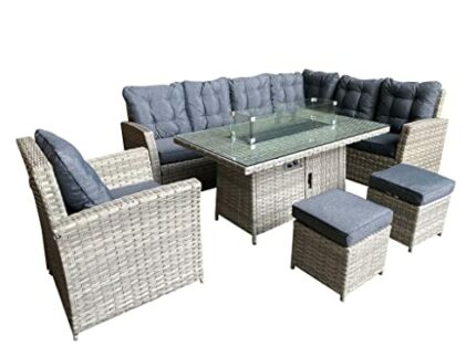 Homeflair 8 Seater Dining Corner Sofa Set with Firepit Tempered Glass Centre Table 1 Chair, 2 couch UV Protected For Garden Grey, (ciara-bm)