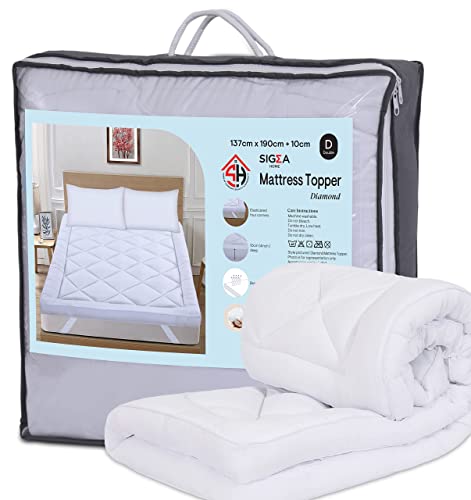 SIGMA HOME Mattress Topper Double Bed FLAME RETARDANT 10cm 4 inch Thick White Hotel Quality Super Soft Peach Finish Microfiber Fluffy Comfy Breat