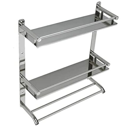 BBL Bathroom Shelf, Stainless Steel Bathroom Shelf Wall Mounted Shower Storage Organizer with Towel Rack, Hooks for Bathroom Kitchen Storage (Dou