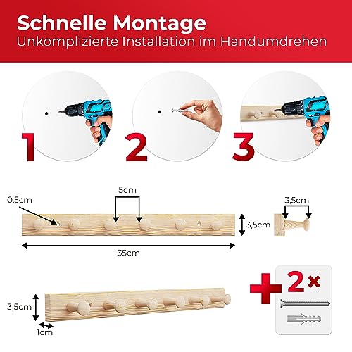 LouMaxx Wooden hook rack made of pine with 6 wooden hooks - wooden wall coat rack - children's coat rack - wooden coat hook for wall mounting mad